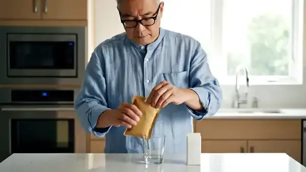 A man in his sixties at a kitchen counter tearing open a small gel pouch and squeezing its contents into a glass