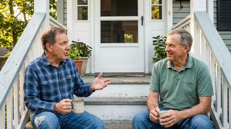 Porch-step conversation between two men in their sixties holding coffee mugs on a summer morning