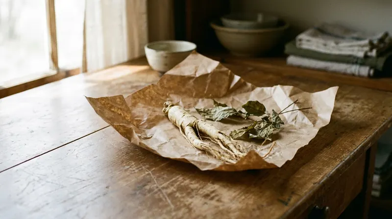 A forked pale ginseng root on brown paper on a wooden table