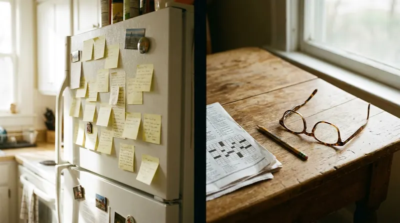 Split frame of a refrigerator door covered in paper notes beside a newspaper crossword with a pencil and reading glasses