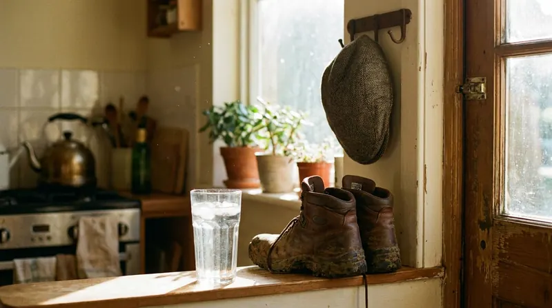 Windowsill glass of water beside worn walking shoes and a flat cap by the back door