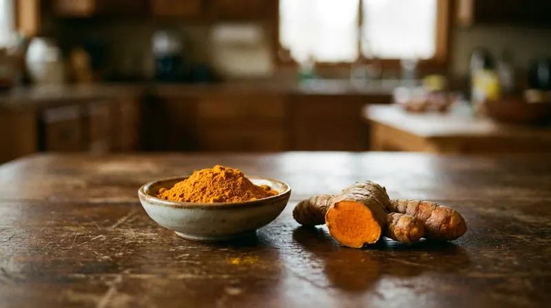 A dish of orange turmeric powder beside a cut turmeric root on a dark wooden table