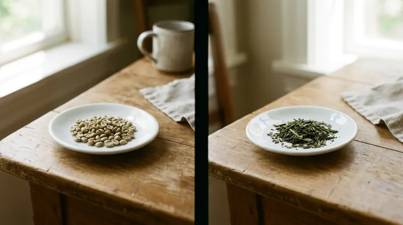 Split frame of green coffee beans on one dish and loose green tea leaves on another
