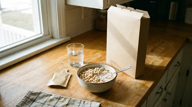 A bowl of frosted cereal beside its box, a glass of water and a small tan gel pouch on a kitchen counter