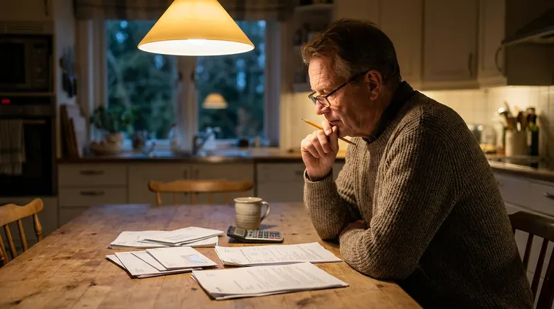 Paperwork evening at a kitchen table with a man in his sixties concentrating over household papers and a calculator