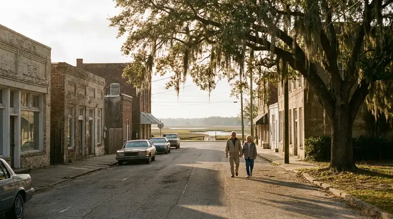 A quiet street in a small South Carolina coastal town at dawn with a live oak and a marsh at the end