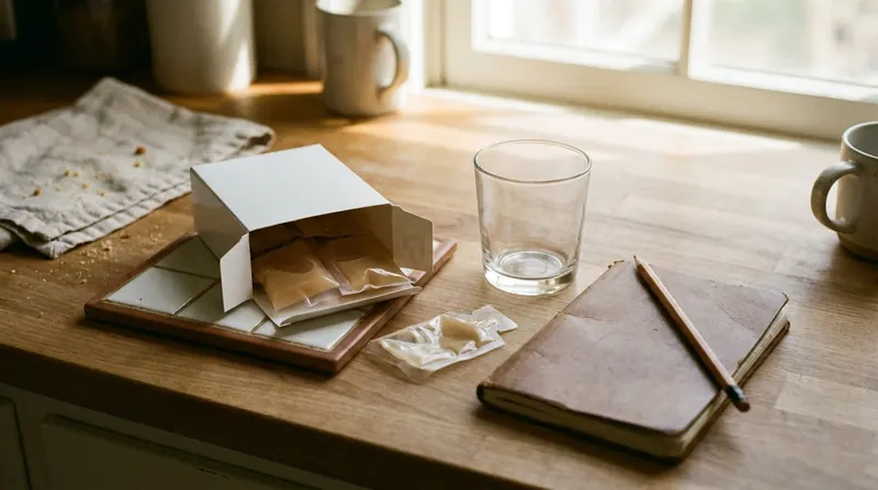 A kitchen counter with an open box of gel pouches, one empty folded pouch, an empty glass and a closed notebook with a pencil