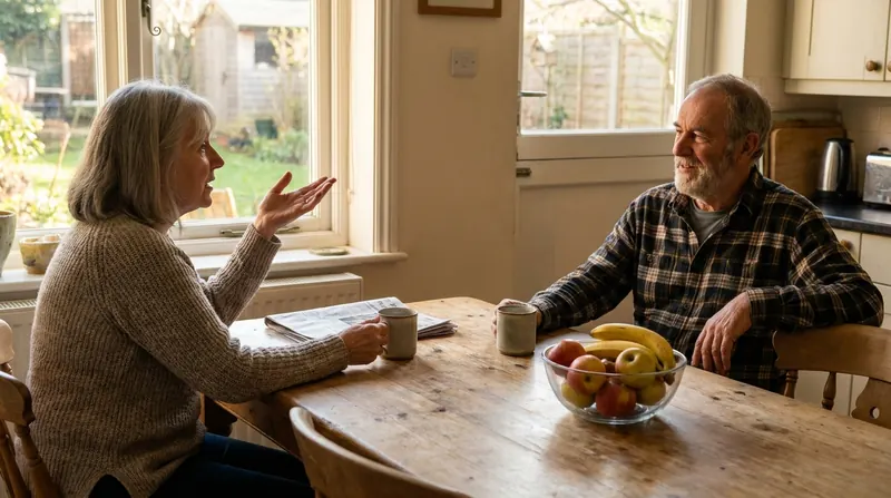 Kitchen-table talk between a married couple in their sixties over morning coffee and a folded newspaper