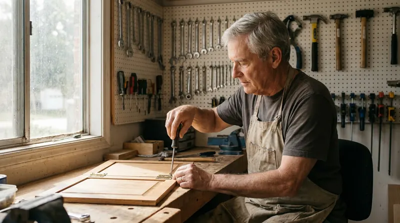 Workbench hinge job with a man in his sixties fitting a small hinge onto a cabinet door in late-morning light