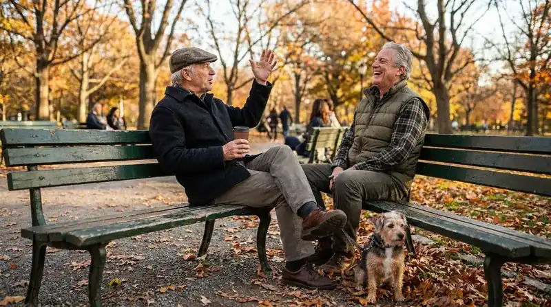 Park-bench conversation between two men in their sixties on an autumn afternoon with a small dog at their feet