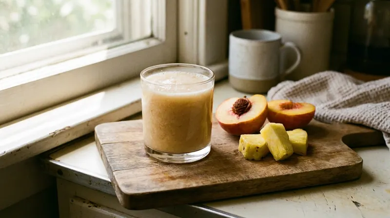 Peach and pineapple slices beside a short glass of water with pale orange gel stirred in