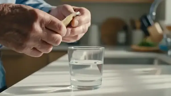 A man's hands squeezing pale orange gel from a small pouch into a glass of water and stirring it