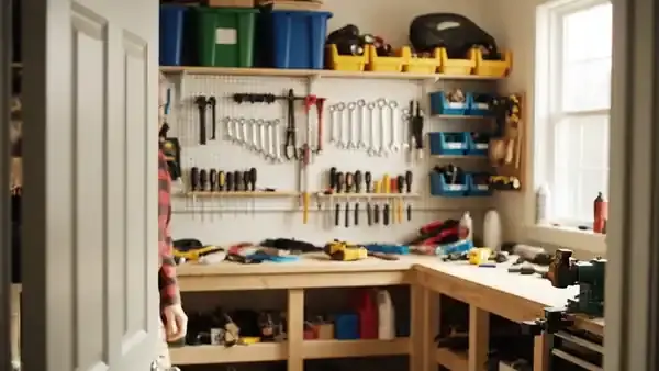 Doorway pause in a home garage before a man in his sixties picks up a tape measure from the shelf
