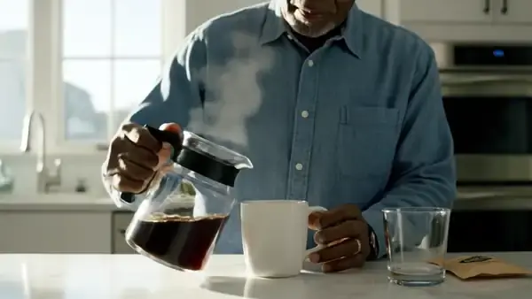 A man in his sixties pouring coffee into a mug beside a small gel pouch on a kitchen counter