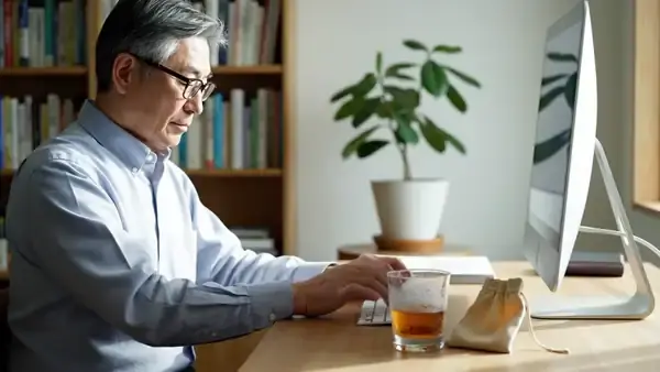 A man in his sixties at a home-office desk taking a sip from a glass of pale orange liquid beside an empty gel pouch
