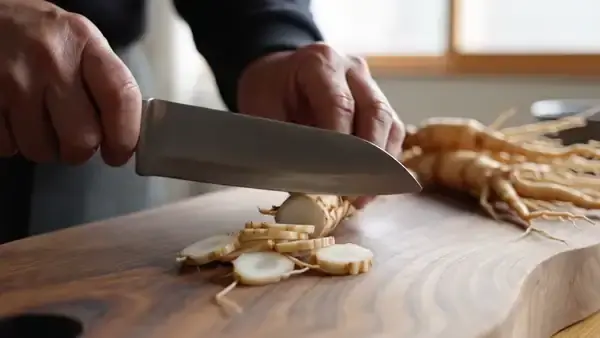 A man's hands slicing a pale ginseng root into thin rounds on a wooden cutting board