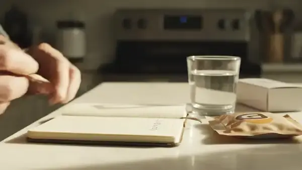 A man's hands writing a line in a small notebook beside a glass, an empty gel pouch and a small white box