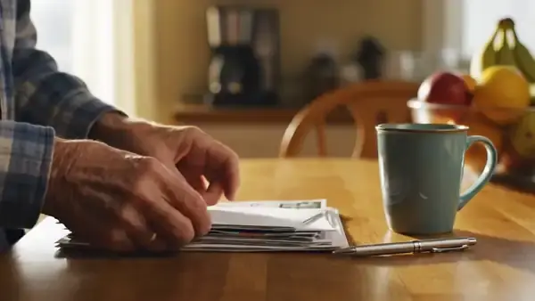 Mail sorted into two neat piles by a man's hands at a sunny kitchen table, one envelope set apart